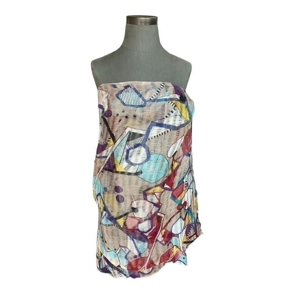 Women Fringe Scarf PASSIGATTI Italy Multicolored Abstract Print Shawl Mesh Wrap - Picture 3 of 8